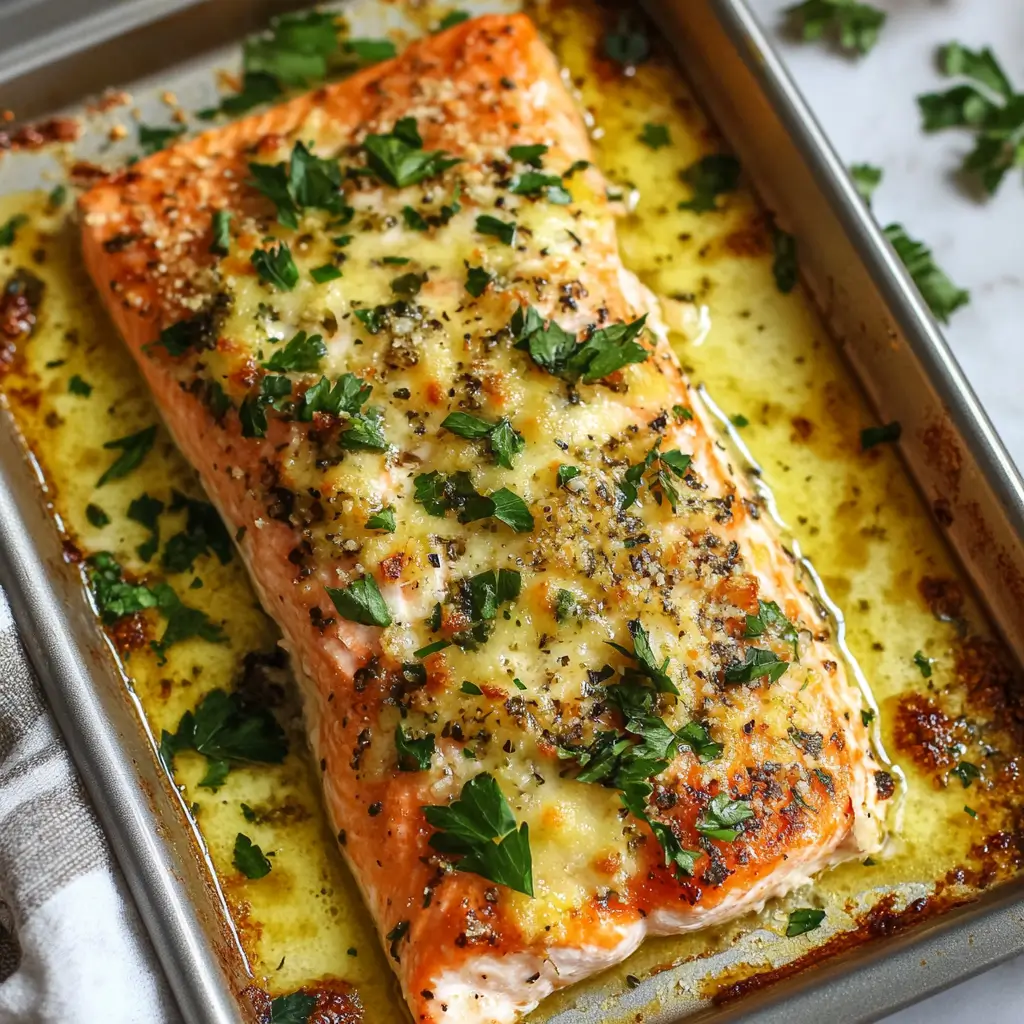 Baked salmon fillet with lemon slices on a plate