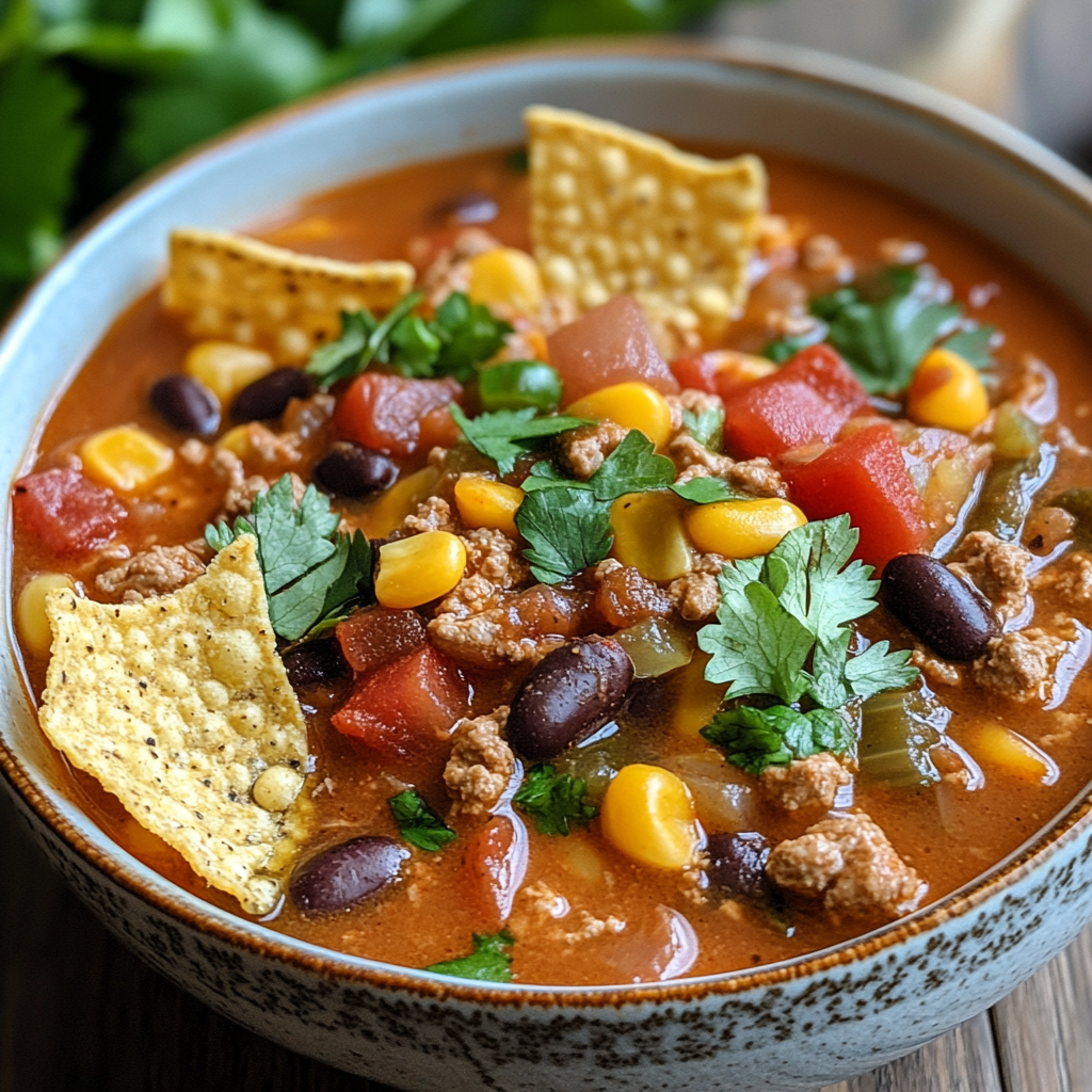 Bowl of Taco Soup topped with Fritos and garnished with cilantro in a bright kitchen.