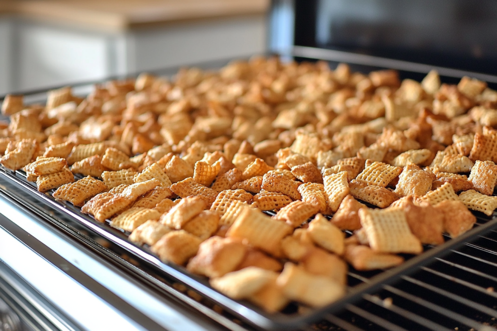 Chex Mix in a baking tray, fresh from the oven