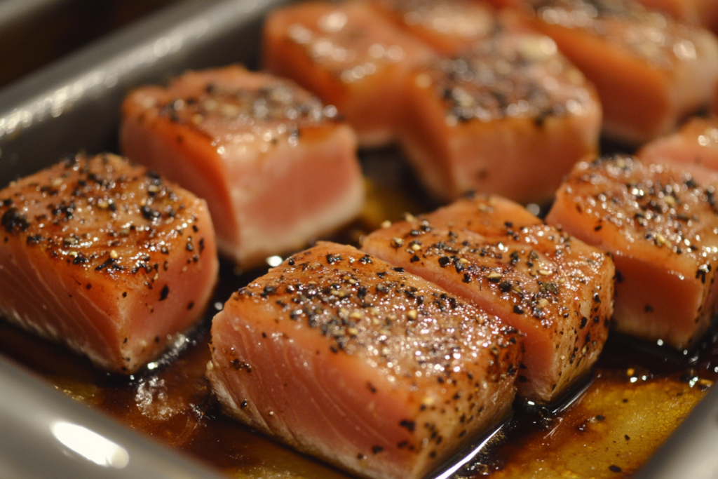 Seared ahi tuna slices on a white plate with sesame seeds and sauce.
