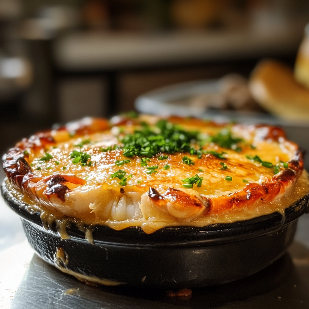 Freshly baked Crab Brulee with a golden crust in a modern kitchen.