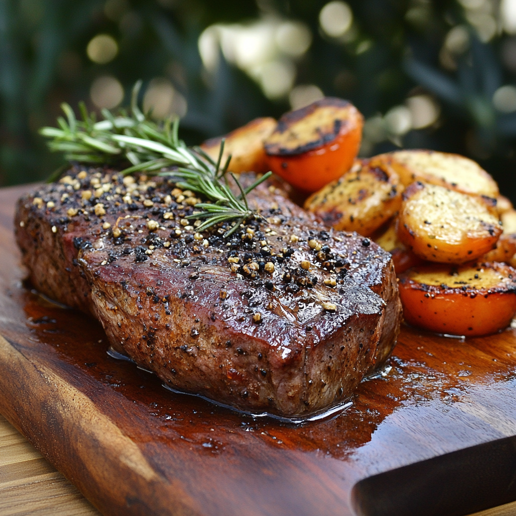 Close-up of smoked brisket on a pellet grill in a modern kitchen.