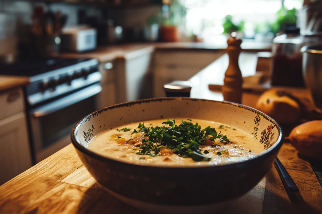 Close-up of Swamp Soup in a rustic ceramic bowl with vibrant greens and sausage slices, placed in a well-lit modern kitchen.