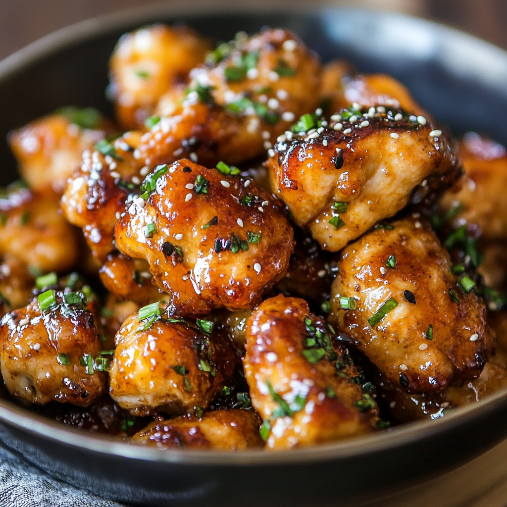 Crispy honey garlic chicken bites served in a bowl with sesame seeds and green onions.