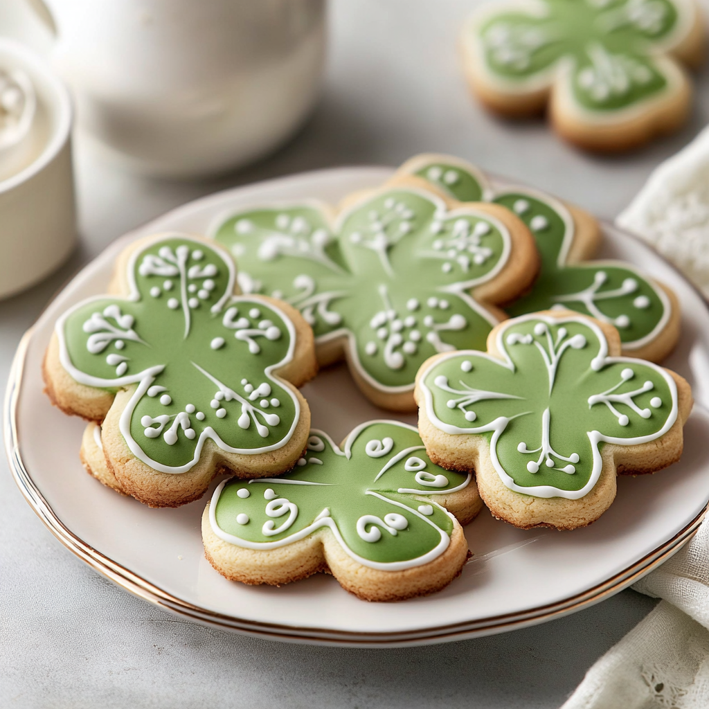 A plate of green and gold St. Patrick’s Day cookies decorated with shamrocks and sprinkles.