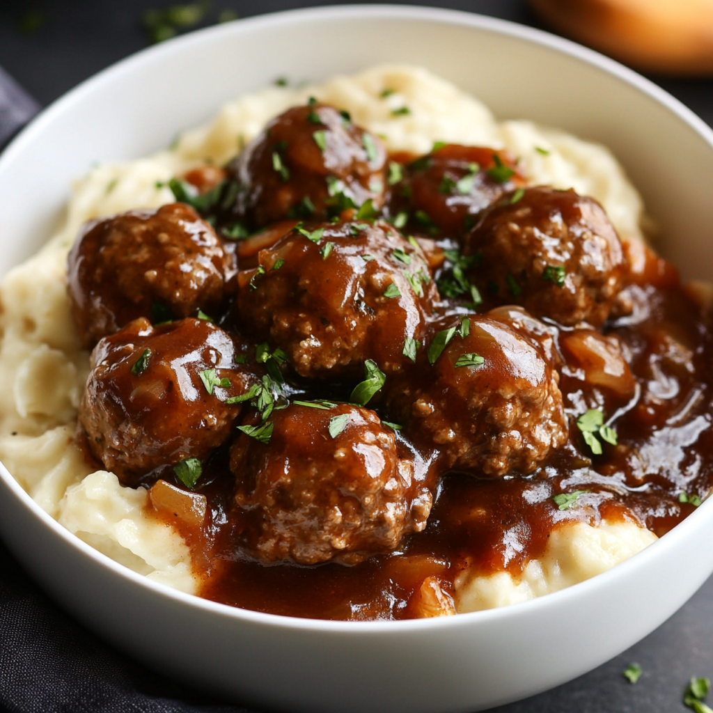 Slow Cooker Salisbury Steak Meatballs with Frozen Meatballs