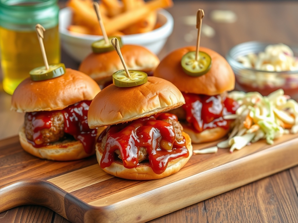 BBQ meatball sliders on a wooden board with a side of coleslaw.