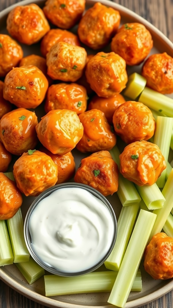 Buffalo chicken meatballs served with blue cheese dip and celery sticks.