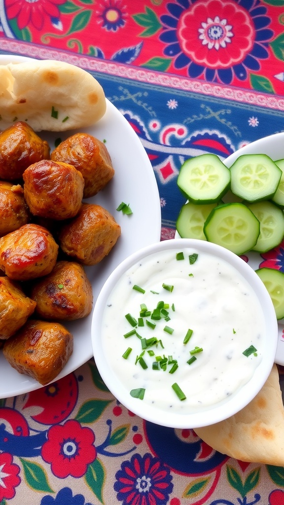 Delicious Greek meatballs served with tzatziki sauce and cucumbers