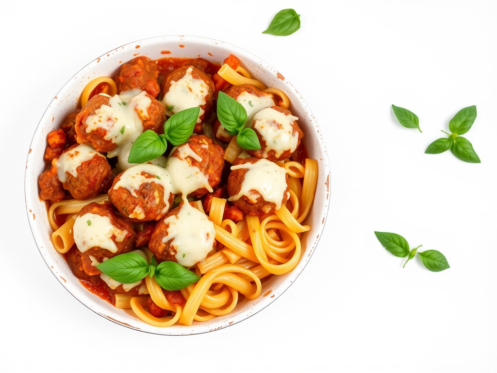 A bowl of pasta topped with meatballs and cheese, garnished with fresh basil.