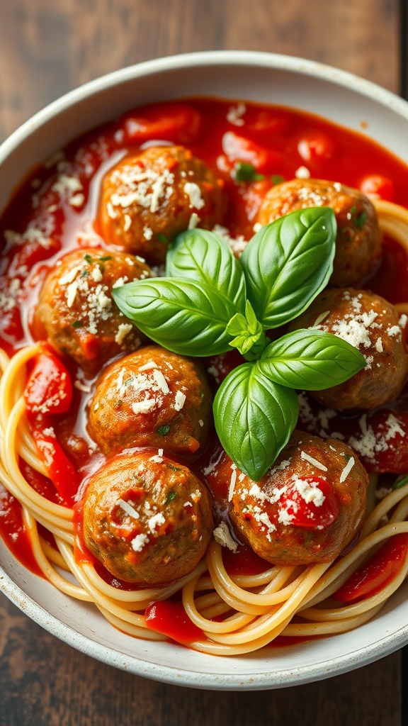 A plate of Italian meatballs served with marinara sauce and spaghetti.