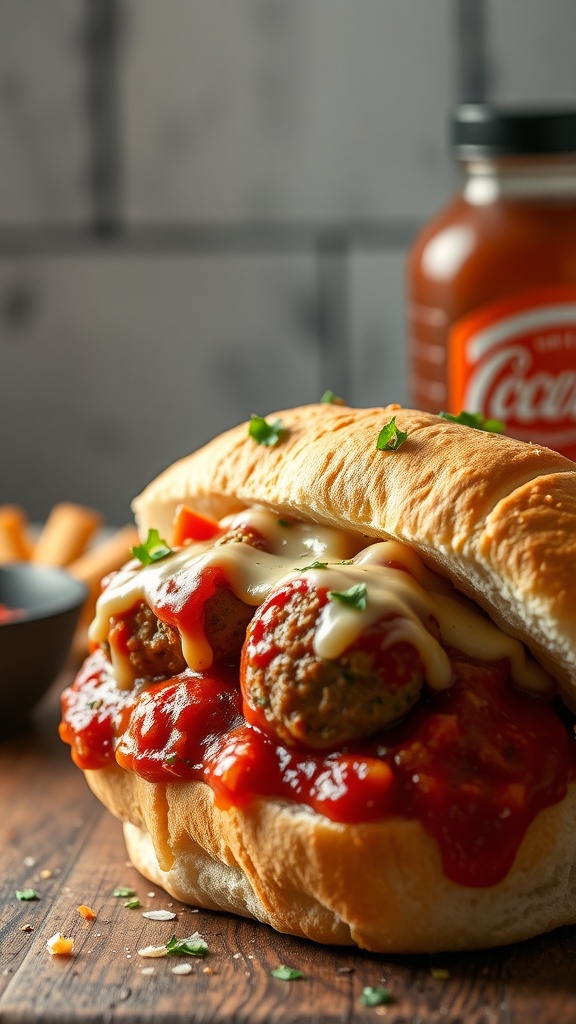 A delicious meatball sub sandwich topped with melted cheese and marinara sauce.
