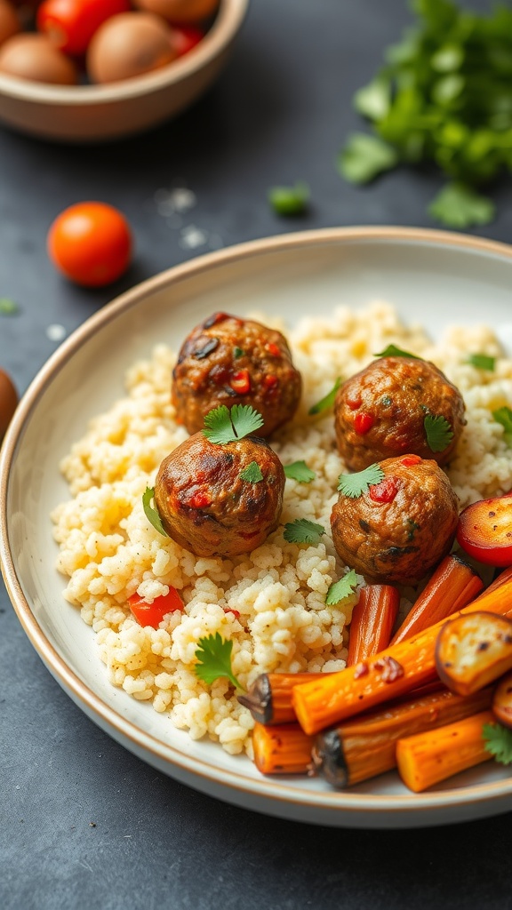 A plate of Moroccan spiced meatballs served with couscous and vegetables.