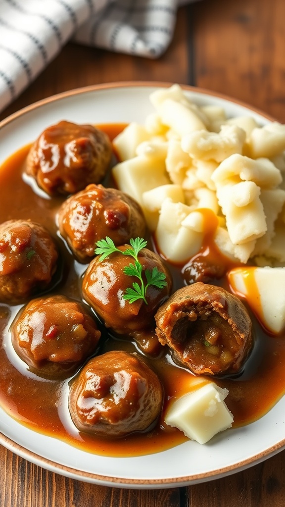Salisbury Steak Meatballs served with gravy and mashed potatoes