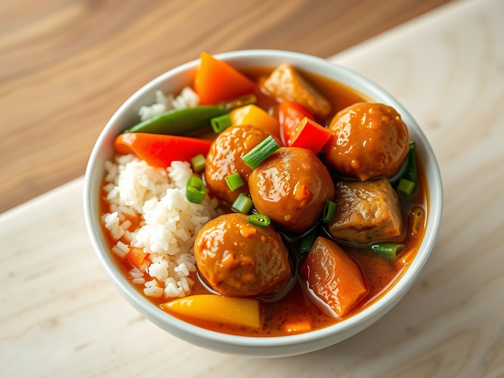 A bowl of sweet and sour meatball stew with colorful vegetables and rice.