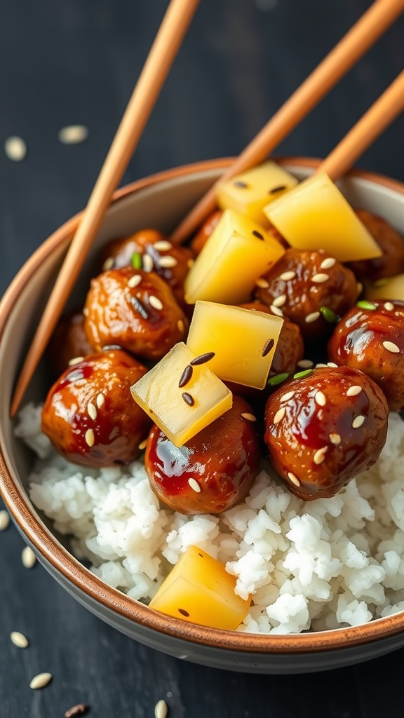 A bowl of teriyaki meatballs with pineapple served over rice, garnished with sesame seeds and green onions.