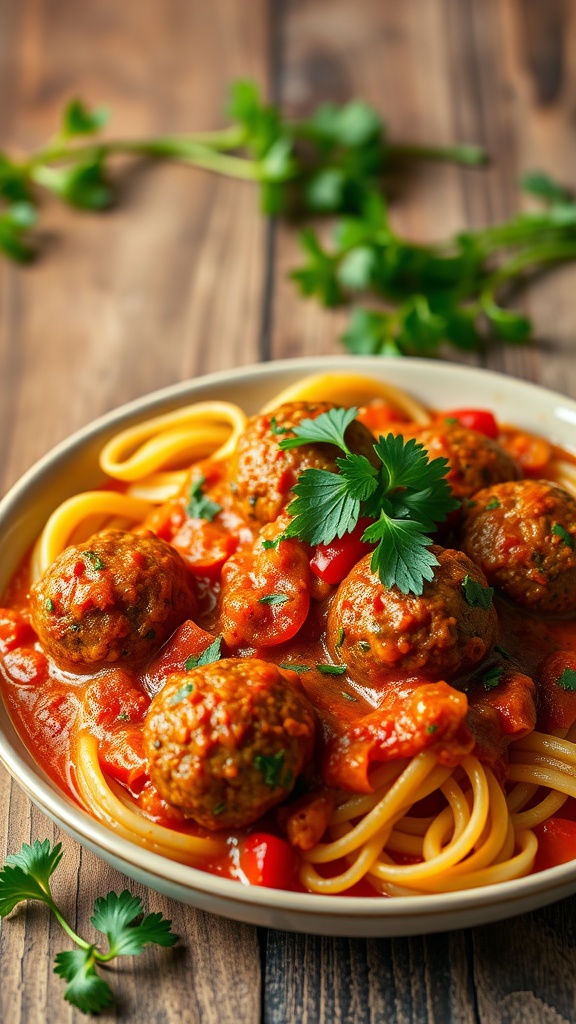 Plate of vegetarian lentil meatballs served over spaghetti with tomato sauce.