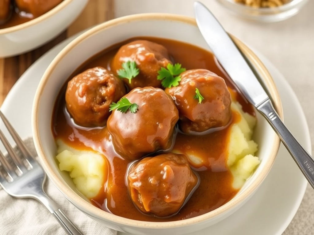 Slow Cooker Salisbury Steak Meatballs: A Comforting Classic Salisbury steak meatballs in gravy over mashed potatoes, garnished with parsley, on a cozy dining table.